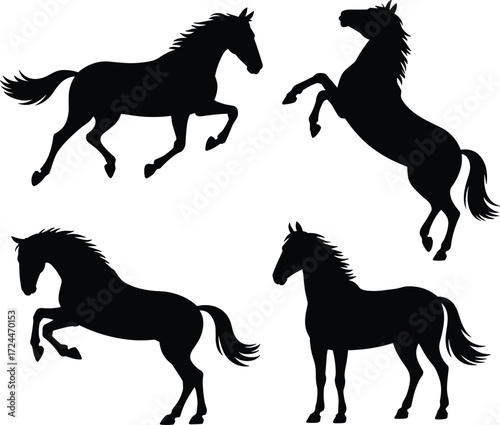 Silhouette of horses in different poses, wild horse collection, galloping, standing, rearing, equestrian animal illustration, black vector design