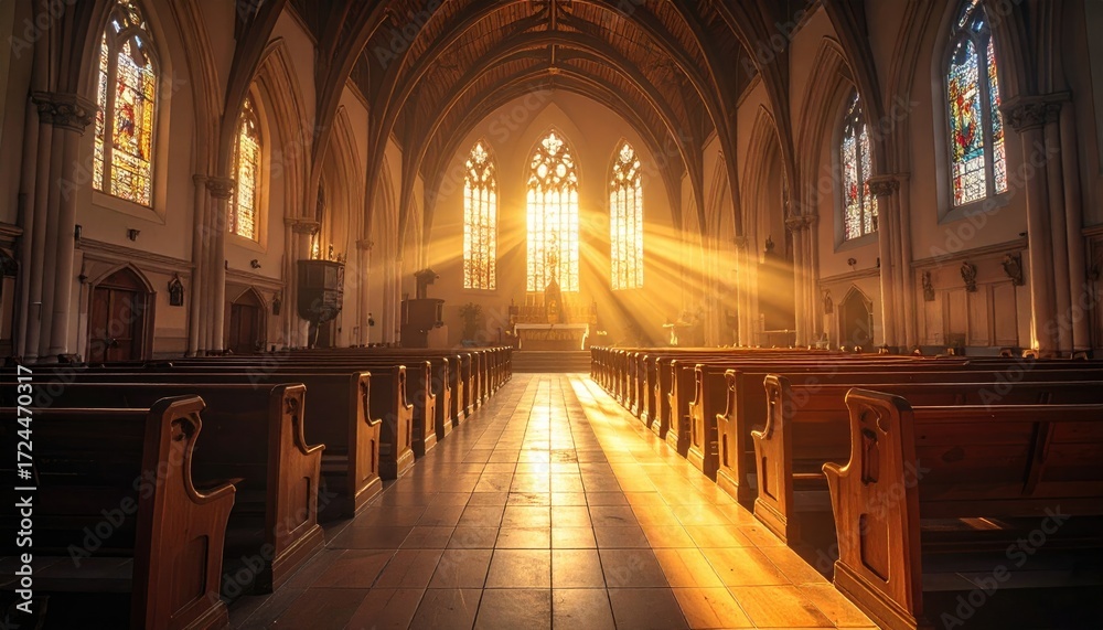 Fototapeta premium Interior view of a church featuring sunlight streaming through stained-glass windows illuminating pews and altar. Soft lighting and a reverent atmosphere