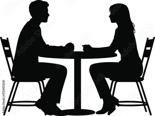 Silhouette of man and woman sitting at table, couple conversation, communication, meeting, discussion, relationship, talking, dining, together, interaction