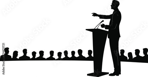 Silhouette of public speaker at podium addressing audience, business conference presentation, motivational speech, leadership communication, black vector illustration design