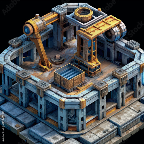 Modern Industrial Hub: A futuristic depiction of a state-of-the-art industrial hub, showcasing intricate architectural details and advanced machinery set against a dark backdrop.