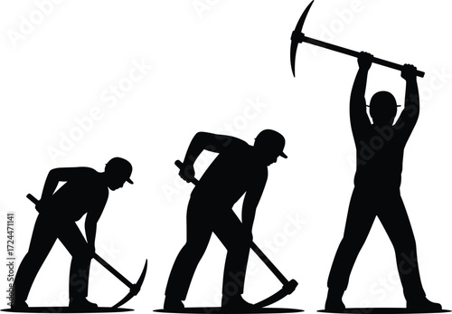 Silhouette of workers with pickaxes, mining labor, construction teamwork, industrial hard work, manual effort, occupational safety, excavation, industry job, workforce strength