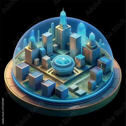 Futuristic City in a Globe: A miniature city thrives under a transparent dome, showcasing architectural marvels in a captivating, modern style.
