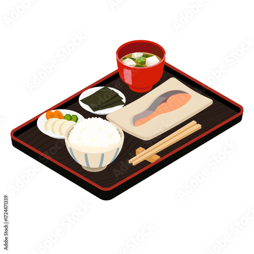 Traditional Japanese breakfast set on black tray - flat vector illustration, Japanese food