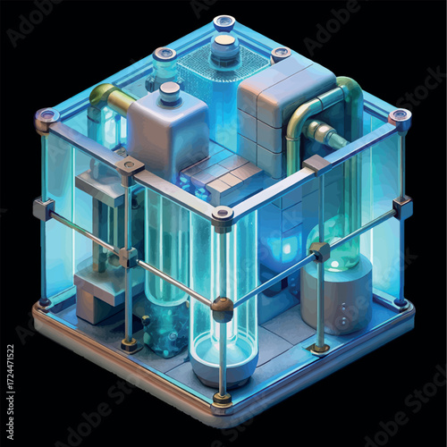 Isometric Laboratory Cubicle: A futuristic isometric illustration showcasing a compact laboratory cube filled with sleek, transparent tubes, vessels, and metallic fixtures illuminated with vibrant.