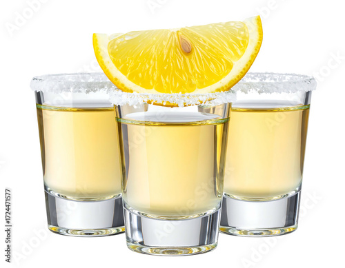 Three shot glasses of tequila, garnished with a lemon slice and salt