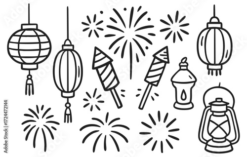 Festival Lantern and Fireworks Doodle Collection with Celebration Elements Hand Drawn Set Isolated on Transparent Background, Generative AI