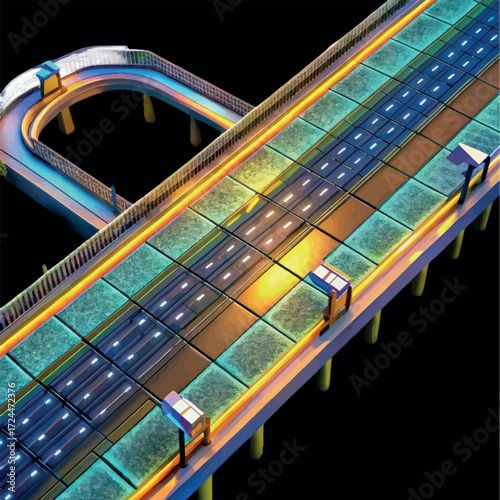 High-Tech Highway: An artistic rendering of an elevated highway, illuminated with neon lights.