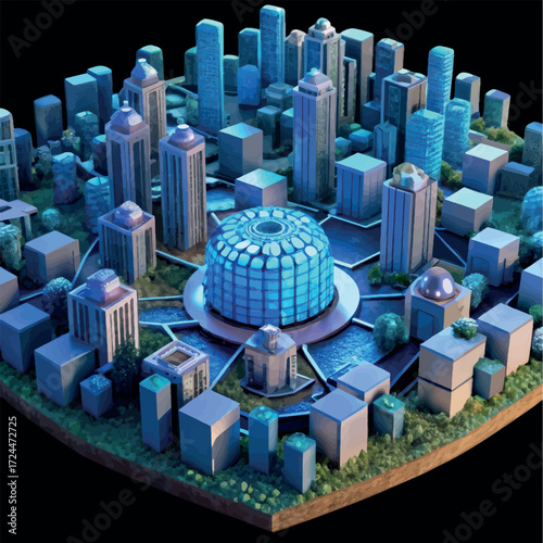 Urban Blueprint: A meticulously designed architectural cityscape, capturing the essence of a thriving modern metropolis, and conveying the intricate harmony between nature and infrastructure.