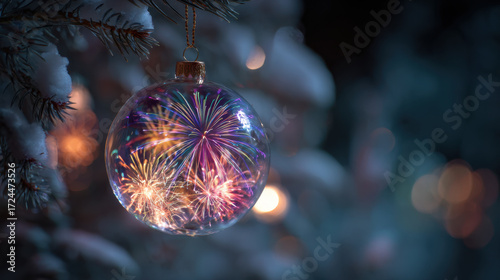 Transparent glass Christmas ball hangs from snowy branch, reflecting colorful fireworks in its surface, creating magical holiday atmosphere