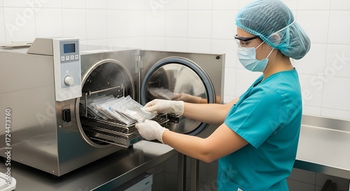 Technician Sterilizing Dental Instruments In Autoclave