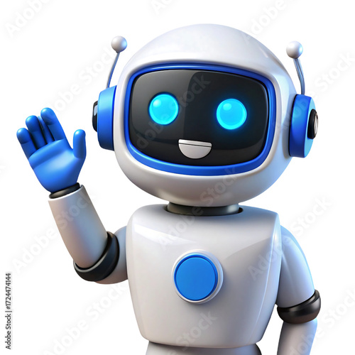 Friendly robot waving hello with bright blue eyes and headphones