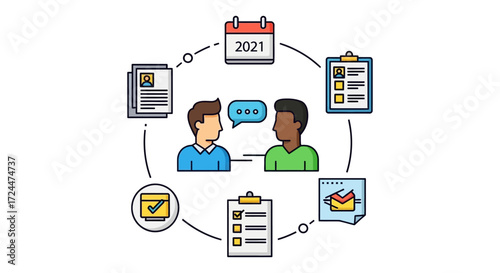 business collaboration meeting in 2021 two professionals discuss checklist progress ideal for illustrating project management and team synergy