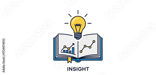 Business insights from data analysis shown in an open book with a light bulb symbolizing knowledge research and strategic thinking for business success.