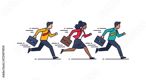 Business people running to work with briefcases depicting urgency in a corporate setting illustrating competition and fast-paced business life
