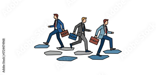 business people stepping stones navigating challenges career path progression strategic decision making towards success illustrating teamwork and leadership