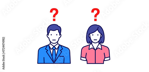 Business professional uncertainty Man and woman with question marks representing decisions career choices or market analysis ideal for consulting blogs.