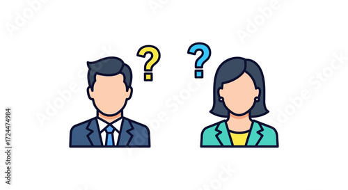 Business people with questions depicting confusion and ambiguity in corporate decision-making ideal for strategy presentations and communication training resources