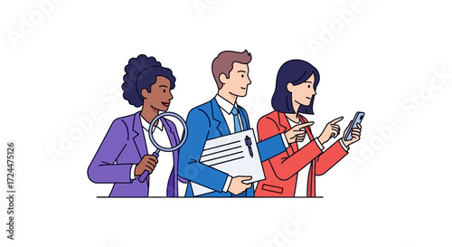 Business team analyzing data on a smartphone and documents collaborating in an office perfect for presentations and corporate blogs.