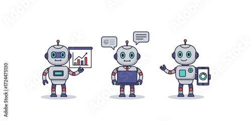 business robot analyzing charts on tablet holding presentation board with data presenting digital growth strategy for tech startup