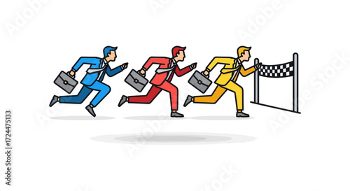Business race to success businessmen running towards the finish line competing for market share and achieving targets in corporate rivalry.