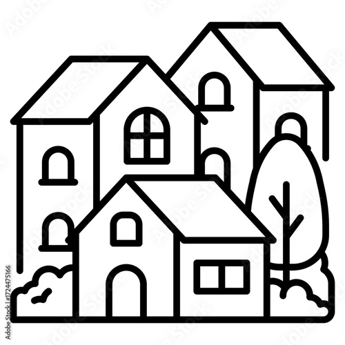 Village Houses Line Icon
