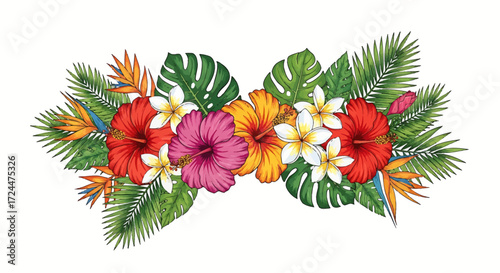 Vibrant tropical floral arrangement with hibiscus, plumeria flowers and exotic palm leaves