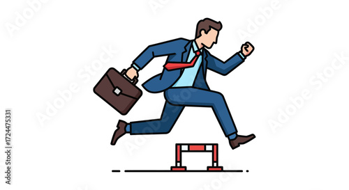Businessman jumping over hurdle career challenges and overcoming obstacles symbolizing ambition and determination in the modern business world.