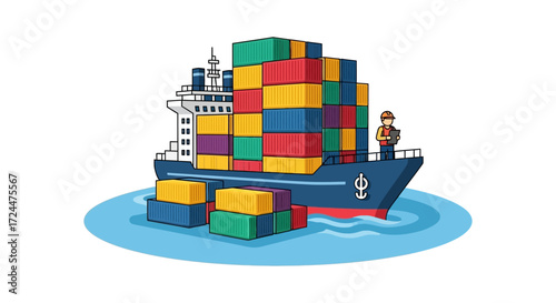 Cargo ship transporting shipping containers on the water with a dockworker illustrating global trade perfect for logistics and supply chain management.