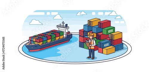 Cargo container logistics inspection a worker checks freight manifests next to a ship loaded with containers illustrating global trade and supply chain.