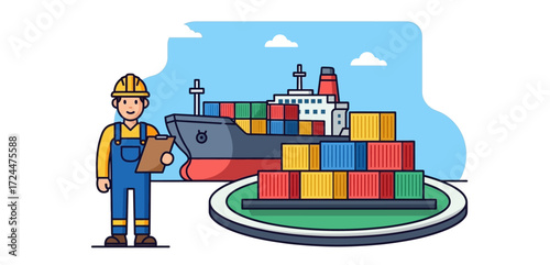 cargo ship logistics a worker with a clipboard oversees shipping container logistics at the dock with cargo ship for efficient global trade delivery