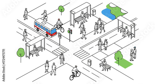 city intersection with people bus and bikes at crosswalk with bus stops showcasing urban lifestyle and vibrant city life on a bright sunny day