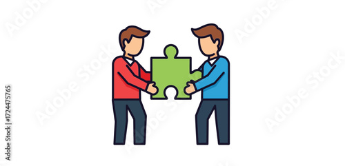 Collaborative partnership two people holding a green jigsaw puzzle piece symbolizing teamwork and problem-solving in business perfect for web banners.
