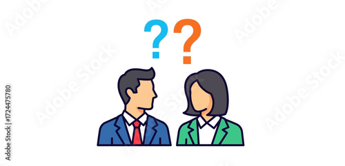 Colleagues unsure of business strategy facing each other with question marks illustrating teamwork confusion and decision-making challenges