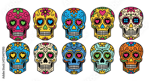 colorful sugar skulls día de muertos designs for creative projects offering vibrant traditional mexican folk art elements and festive day of the dead spirit