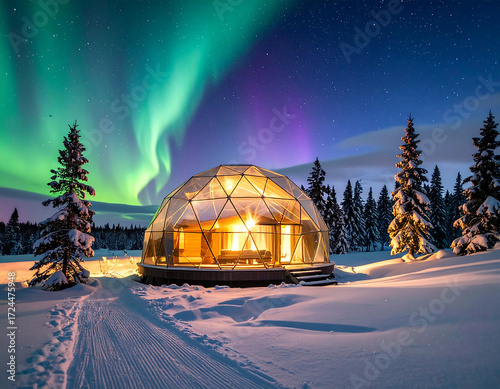 Arctic Retreat A Glass Under the Northern Lights in a Snowy Landscape