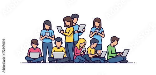 Connected generation with devices diverse group using laptops tablets and phones representing modern communication and digital lifestyle perfect for tech blogs