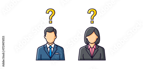 Considering career options business man and woman pondering choices representing job search and professional uncertainty for career advice sites.