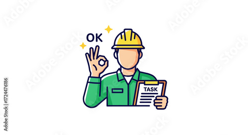 Construction worker approves task completion holding a clipboard suitable for showcasing project management and safety compliance protocols.