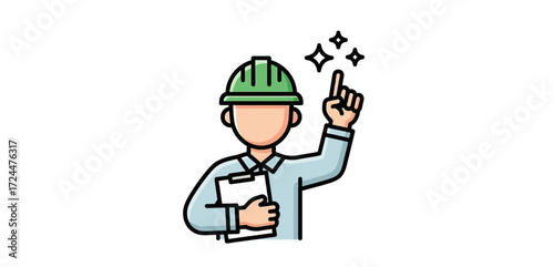 Construction worker with an idea pointing up holding a clipboard representing innovation and safety in the building industry suitable for engineering blogs