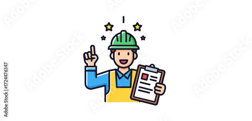 Construction worker with idea holding clipboard surrounded by stars showcasing project success ideal for safety training and regulatory compliance