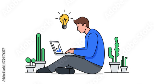 Creative man working on laptop with idea bulb sitting with potted plants showcasing innovation and digital nomad lifestyle perfect for tech blog
