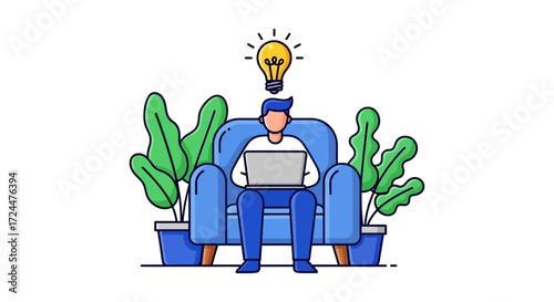 Creative person working on a laptop in a comfortable armchair getting a bright idea at home perfect for illustrating remote work concept.