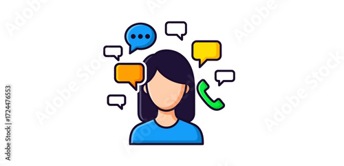 Customer service representative managing multiple communications with speech bubbles and phone perfect for demonstrating support and responsiveness.