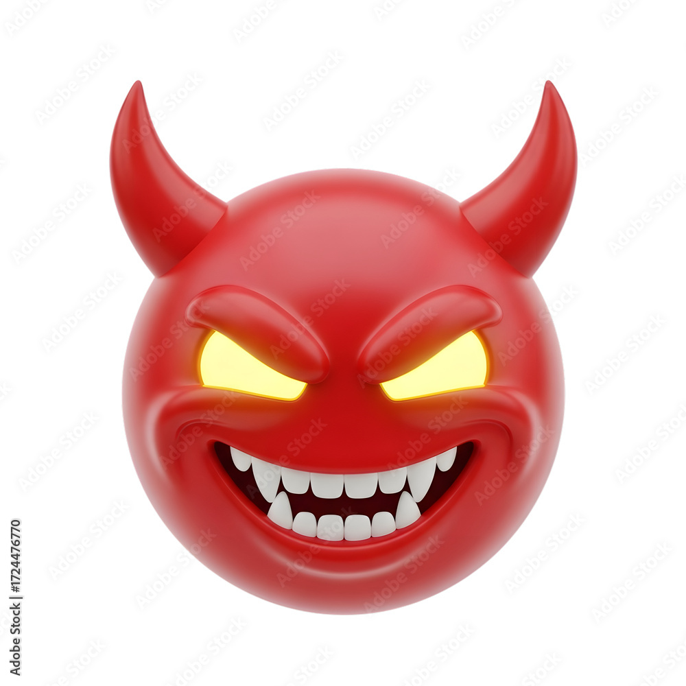 Naklejka premium Red Devil Emoji with Glowing Eyes and Spiky Teeth on White Background