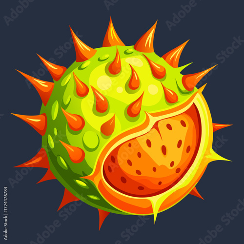 An exotic horned melon with vibrant orange skin and spiky protrusions, cut in half to reveal lime green jelly-like flesh with seeds. On a dark background, alien-like fruit concept.