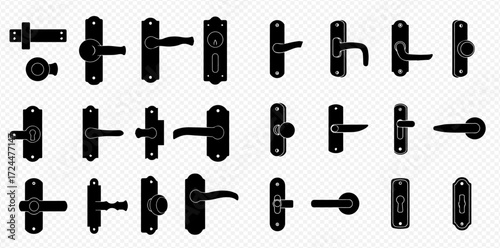 A diverse collection of black silhouette door handles, knobs, and locking mechanisms in various styles.