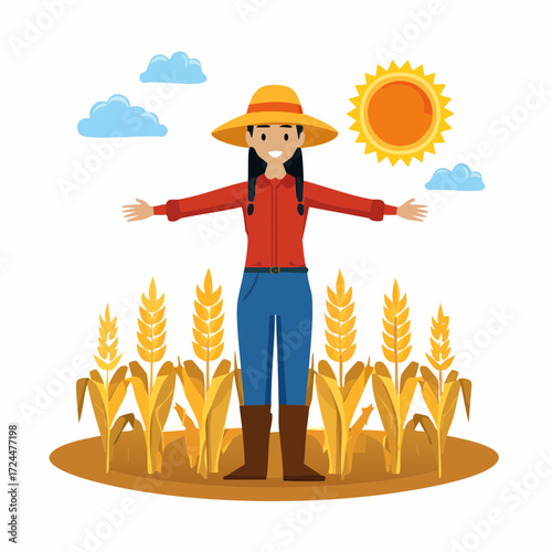 Happy farmer woman with open arms standing in a wheat field under a bright sun and blue sky with clouds