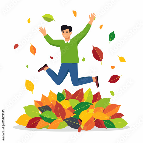 Excited man jumping into a pile of colorful autumn leaves, celebrating the season