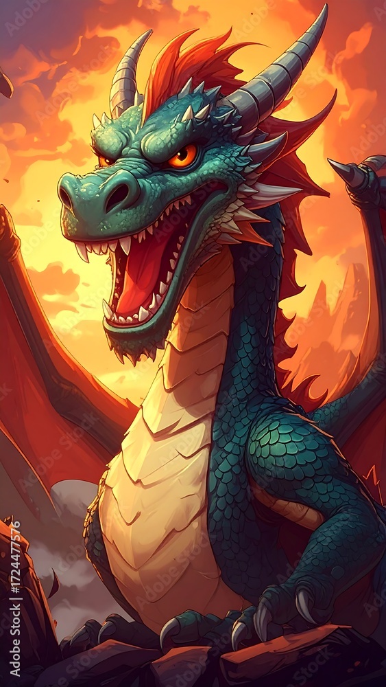 Fototapeta premium A teal dragon with fiery sunset backdrop. Dragon portrait, powerful gaze, open mouth, vibrant colors, stylized, fantasy art, digital illustration, mythical creature, fierce expression